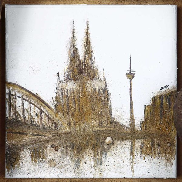 Der Kölner Dom, gemalt mit Ölfarbe und echtem Rheinsand mit einem Bilderrahmen aus Treibholz.