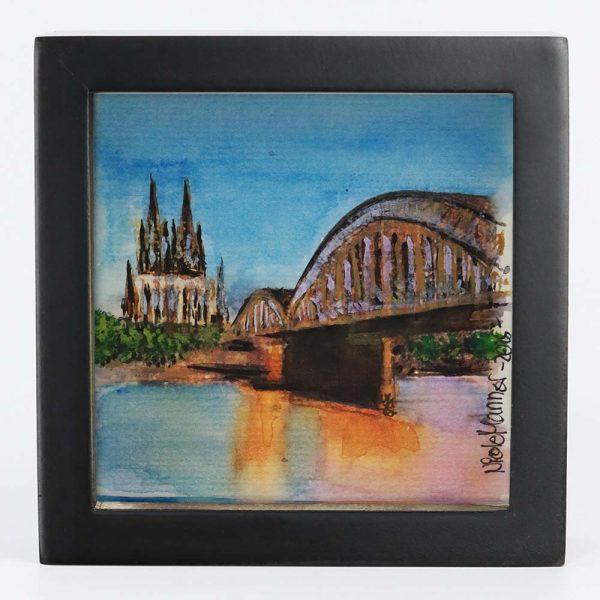Aquarell gerahmt „Kölner Dom mit Hohenzollernbrücke“, 250903 Ansicht Front, schwarzer Rahmen