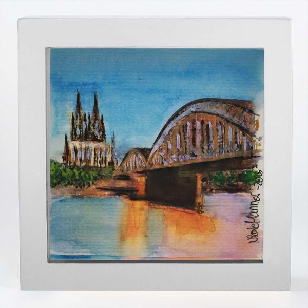Aquarell gerahmt „Kölner Dom mit Hohenzollernbrücke“, 250903 Ansicht Front, weißer Rahmen
