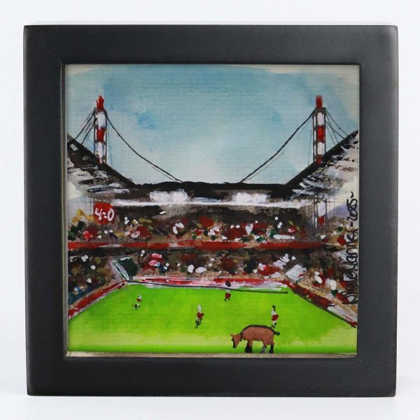 Aquarell gerahmt „Kölner FC Südkurve mit Hennes“, 250907 Ansicht Front, schwarzer Rahmen