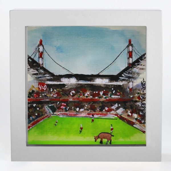 Aquarell gerahmt „Kölner FC Südkurve mit Hennes“, 250907 Ansicht Front, weißer Rahmen