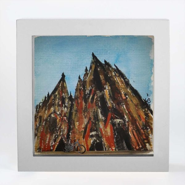 Aquarell gerahmt „Kölner Dom mit Fahrrad“, 250908 Ansicht Front, weißer Rahmen