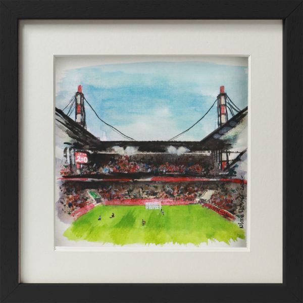 Aquarell gerahmt „1. FC Köln-Südkurve“, 250918 Ansicht Front, schwarzer Rahmen