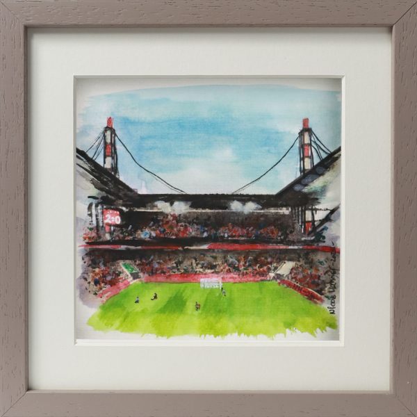 Aquarell gerahmt „1. FC Köln-Südkurve“, 250918 Ansicht Front, grauer Rahmen